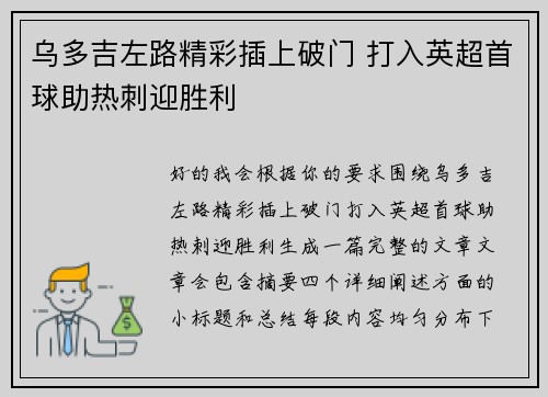 乌多吉左路精彩插上破门 打入英超首球助热刺迎胜利